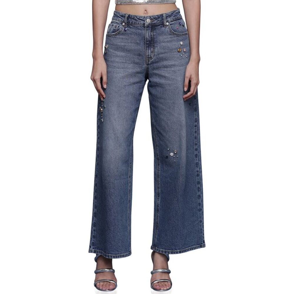 Avec Les Filles Womens  Bejeweled Wide Leg Jeans
